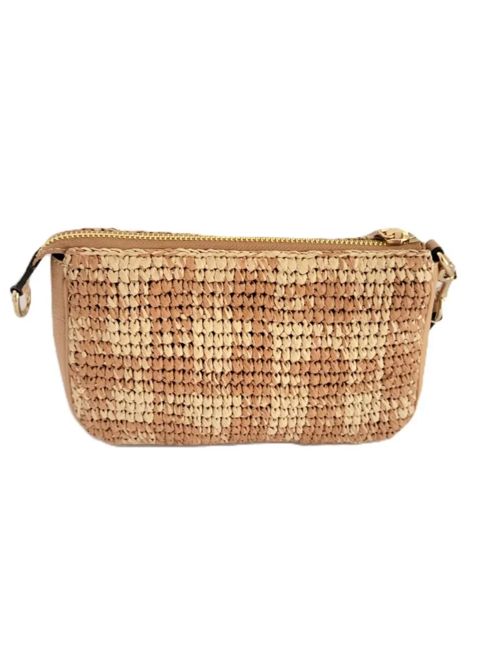Coach CEN00 Nolita 19 Gingham Print Straw Small Handbag Clutch Wristlet Gold Tan